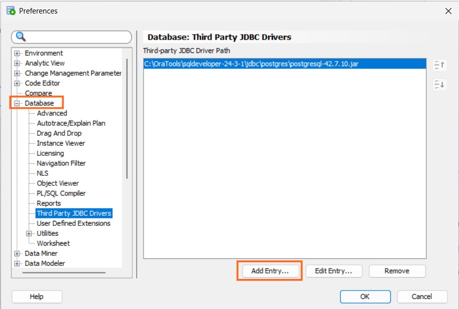 Adding PostgreSQL JDBC driver to Oracle SQL Developer Third Party JDBC Drivers